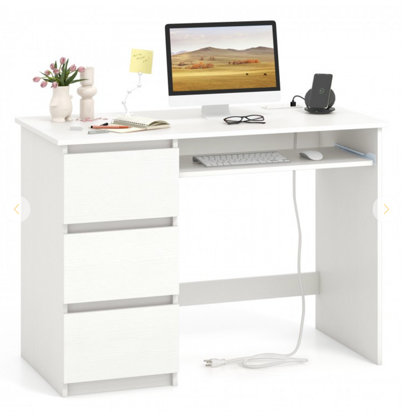 *Computer Desk with Power Outlet Keyboard Tray and 3 Large Drawers - White