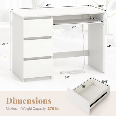 *Computer Desk with Power Outlet Keyboard Tray and 3 Large Drawers - White