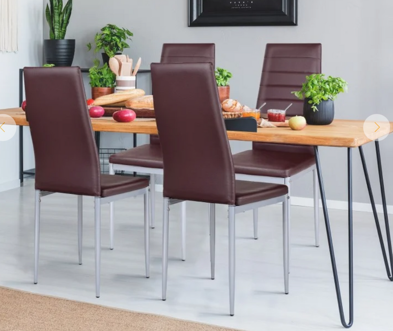 *4 Pieces PVC Elegant Design Leather Dining Chairs with Solid Metal Legs - Brown