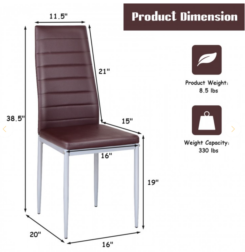 *4 Pieces PVC Elegant Design Leather Dining Chairs with Solid Metal Legs - Brown