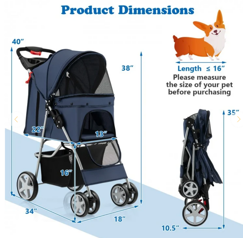 *Folding Pet Stroller with Storage Basket and Adjustable Canopy - Navy