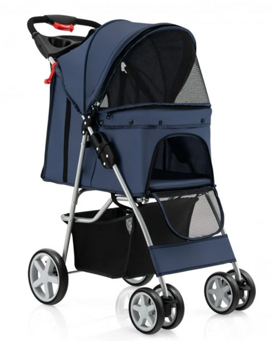 *Folding Pet Stroller with Storage Basket and Adjustable Canopy - Navy