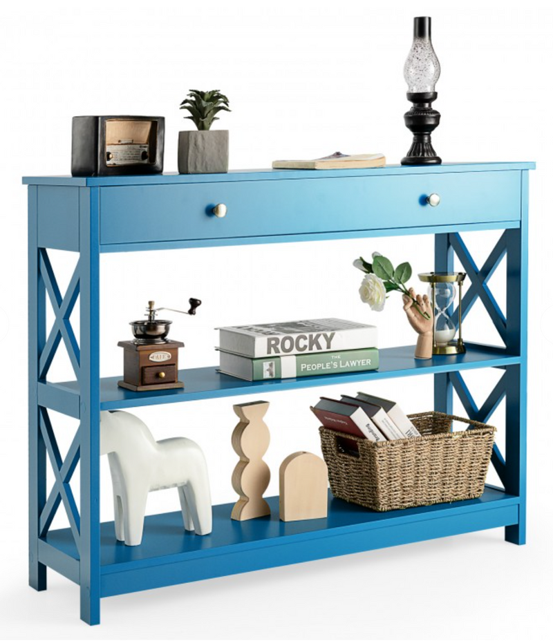 *Console Table 3-Tier with Drawer and Storage Shelves - Blue