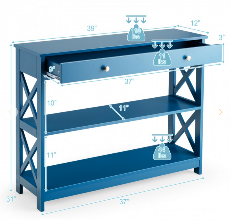 *Console Table 3-Tier with Drawer and Storage Shelves - Blue