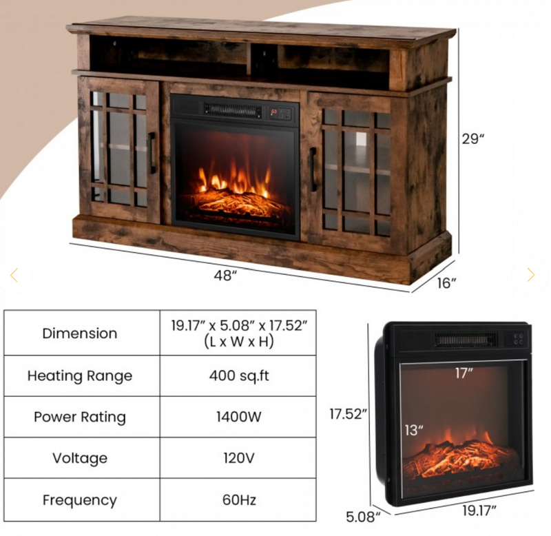 *48 Inch Fireplace TV Stand with 18 Inch Fireplace Insert  for TVs up to 55 Inch - Brown