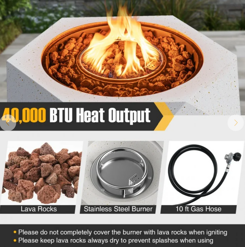 40000 BTU 28 Inch Hexagon Terrazzo Propane Fire Pit Table with Stainless Steel Burner