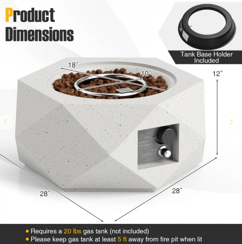 40000 BTU 28 Inch Hexagon Terrazzo Propane Fire Pit Table with Stainless Steel Burner