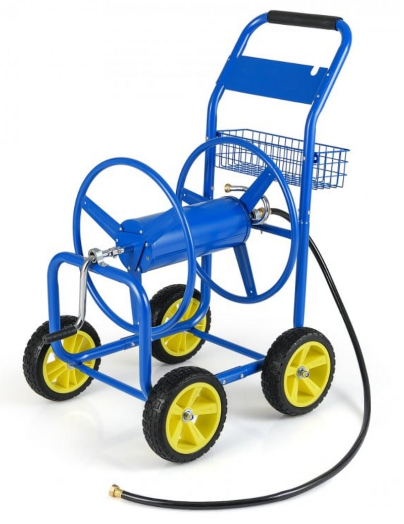 Garden Hose Reel Cart Metal Hose Cart with 4 Wheels and Storage Basket - Blue