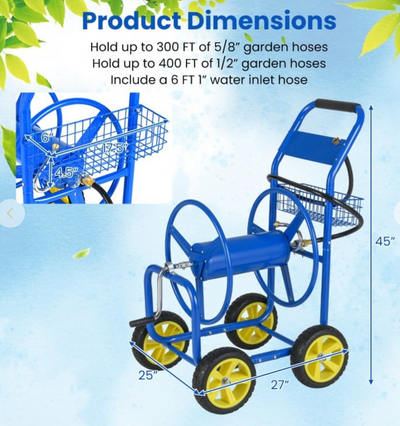 Garden Hose Reel Cart Metal Hose Cart with 4 Wheels and Storage Basket - Blue