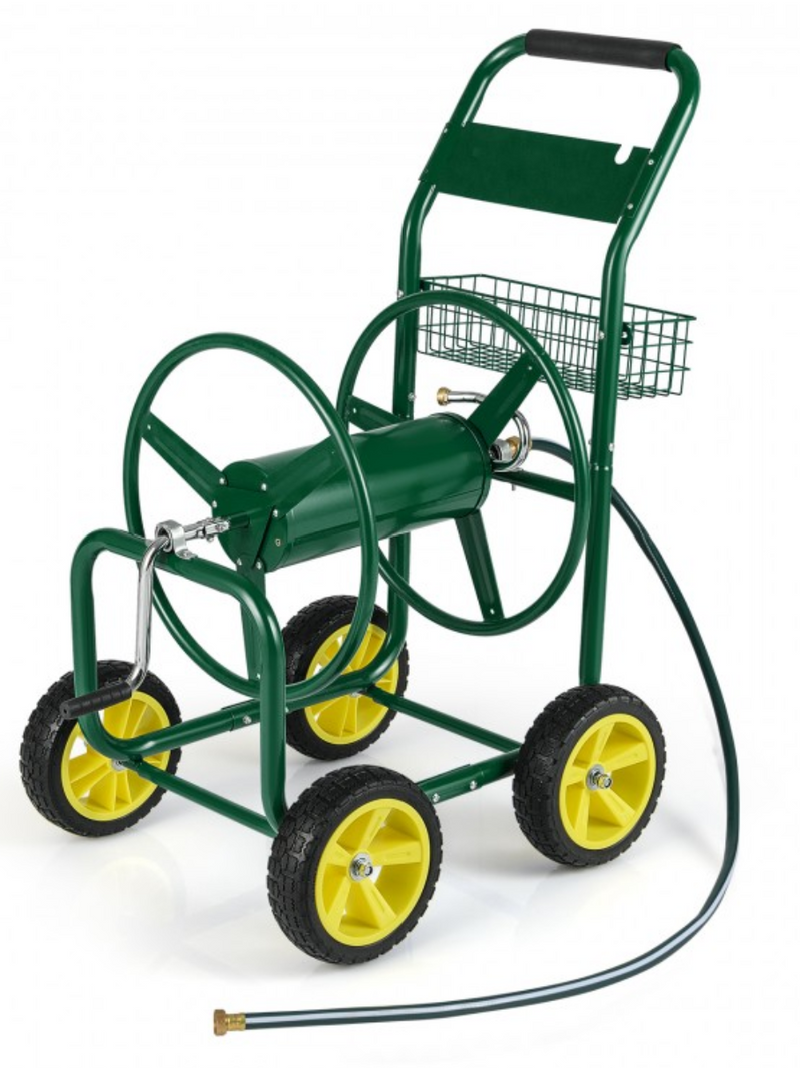 Garden Hose Reel Cart Metal Hose Cart with 4 Wheels and Storage Basket - Green