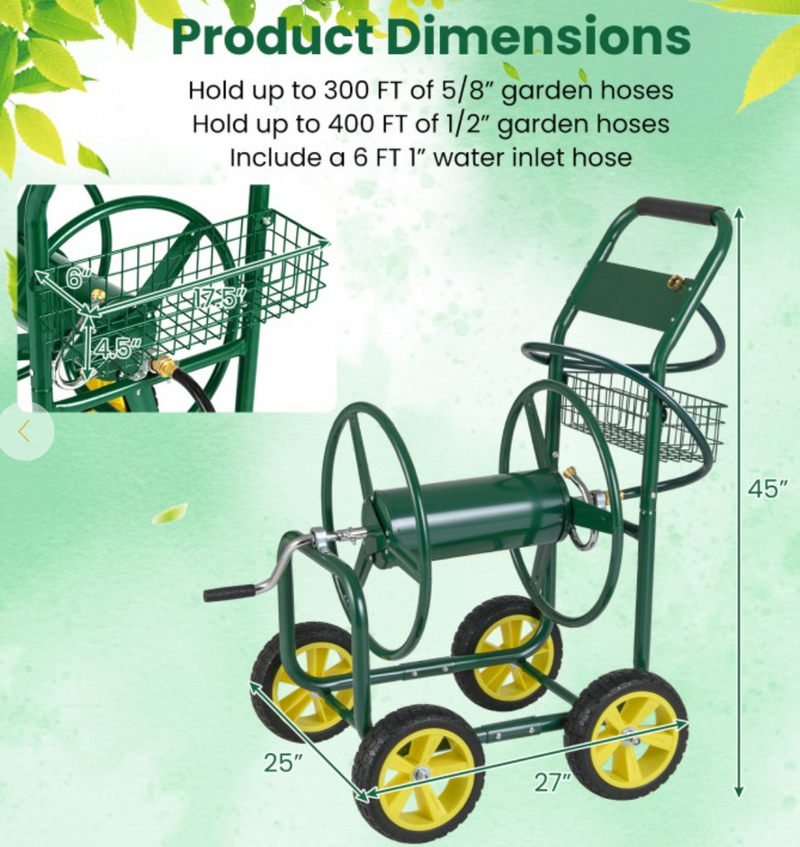 Garden Hose Reel Cart Metal Hose Cart with 4 Wheels and Storage Basket - Green