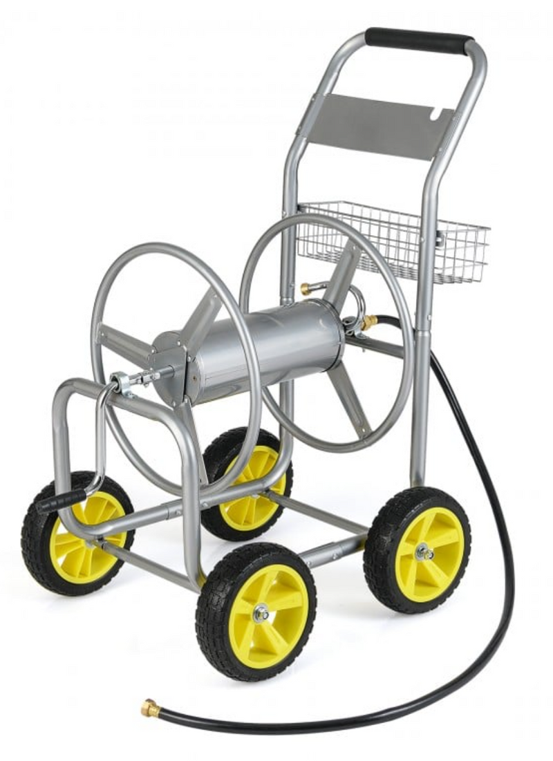 Garden Hose Reel Cart Metal Hose Cart with 4 Wheels and Storage Basket - Silver