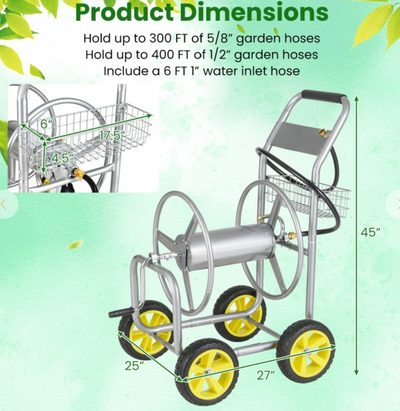 Garden Hose Reel Cart Metal Hose Cart with 4 Wheels and Storage Basket - Silver