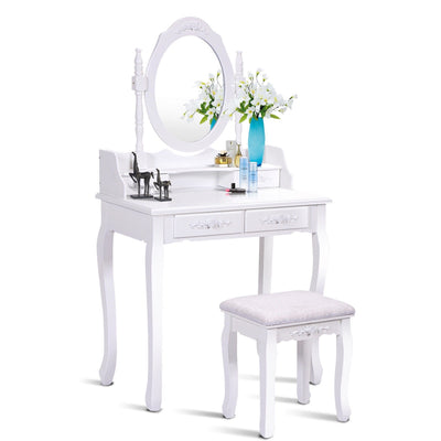 *Wood Vanity Table Set with Oval Mirror and 4 Drawers for Kids Girls Women - White