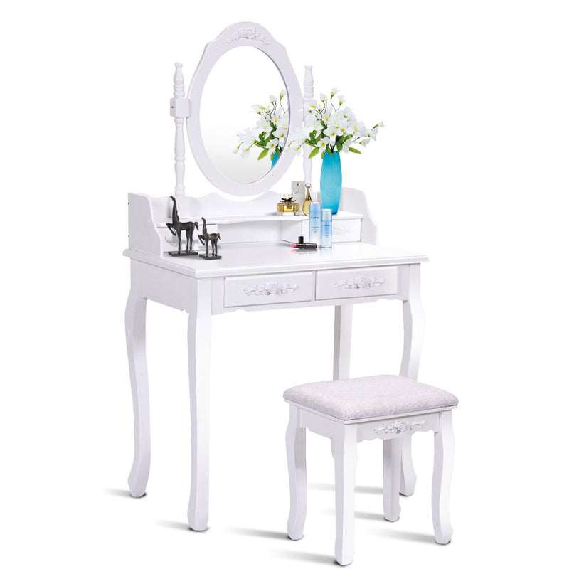 *Wood Vanity Table Set with Oval Mirror and 4 Drawers for Kids Girls Women - White