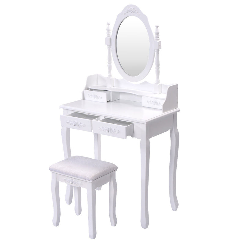 *Wood Vanity Table Set with Oval Mirror and 4 Drawers for Kids Girls Women - White