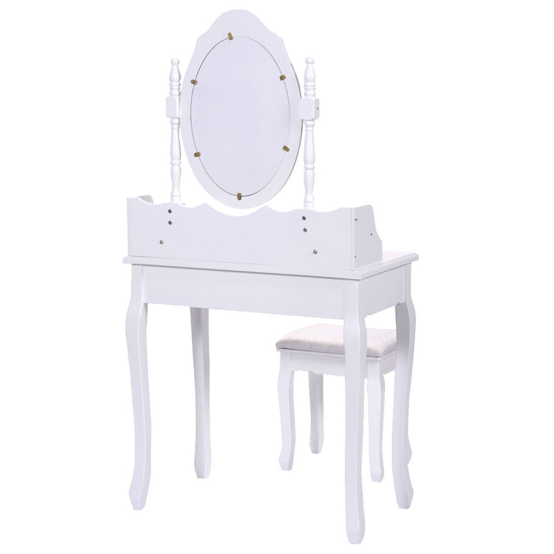*Wood Vanity Table Set with Oval Mirror and 4 Drawers for Kids Girls Women - White