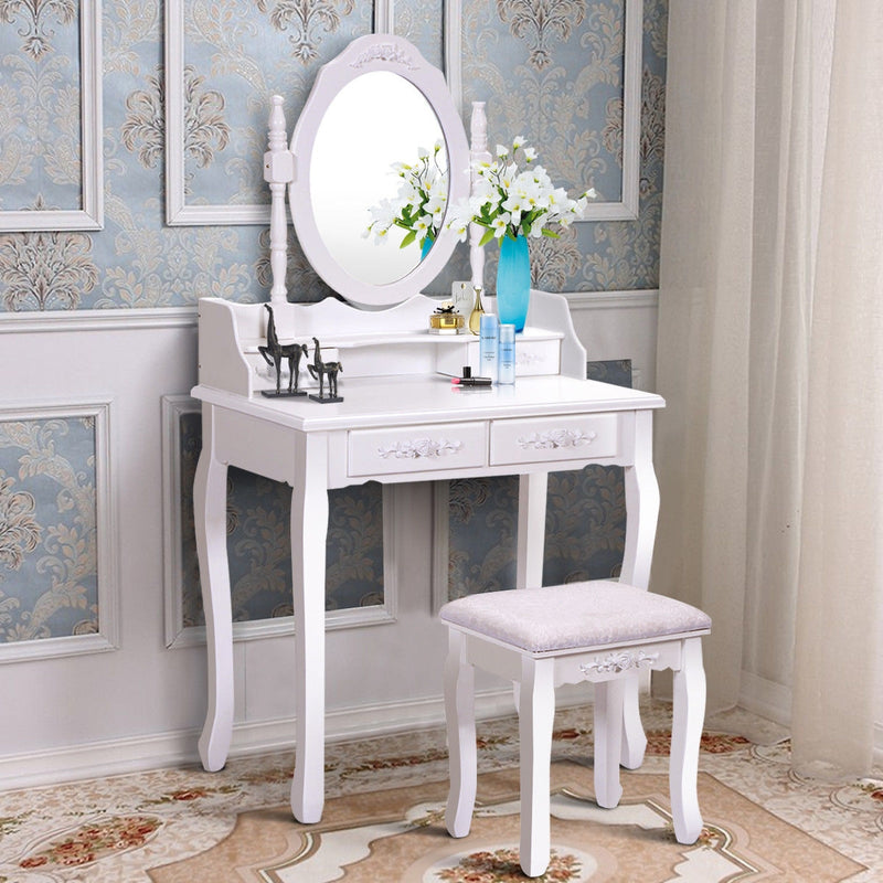 *Wood Vanity Table Set with Oval Mirror and 4 Drawers for Kids Girls Women - White