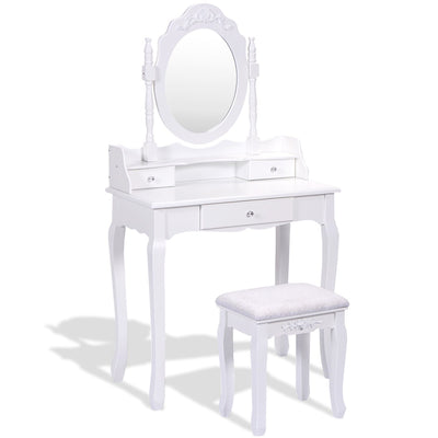*Vanity Table Set with Cushioned Stool with 360° Rotating Oval Mirror and Three Drawers - White