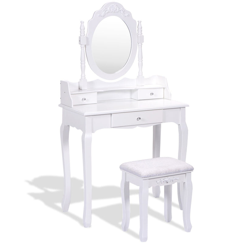 *Vanity Table Set with Cushioned Stool with 360° Rotating Oval Mirror and Three Drawers - White