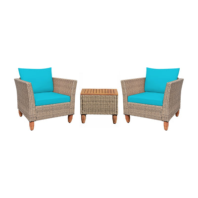3 Pieces Patio Rattan Furniture Set with Washable Cushion for Yard Porch-Turquoise