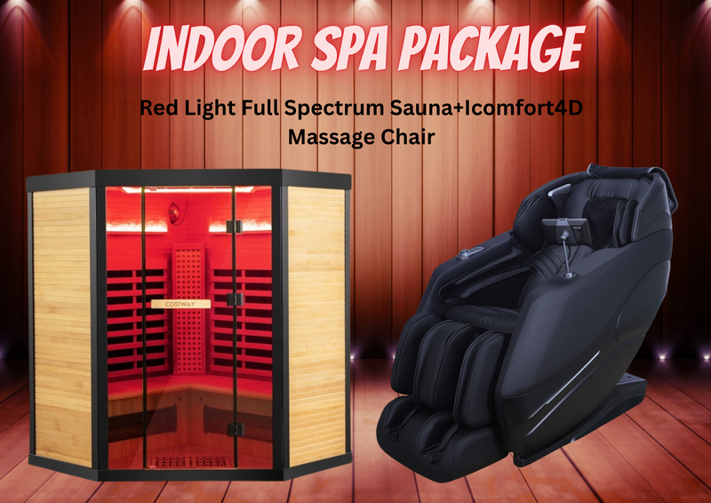 Sauna Package- Indoor Spa Package- Fully Loaded Full Spectrum Red Light, Salt Therapy Corner Sauna+ Icomfort 4D massage Chair