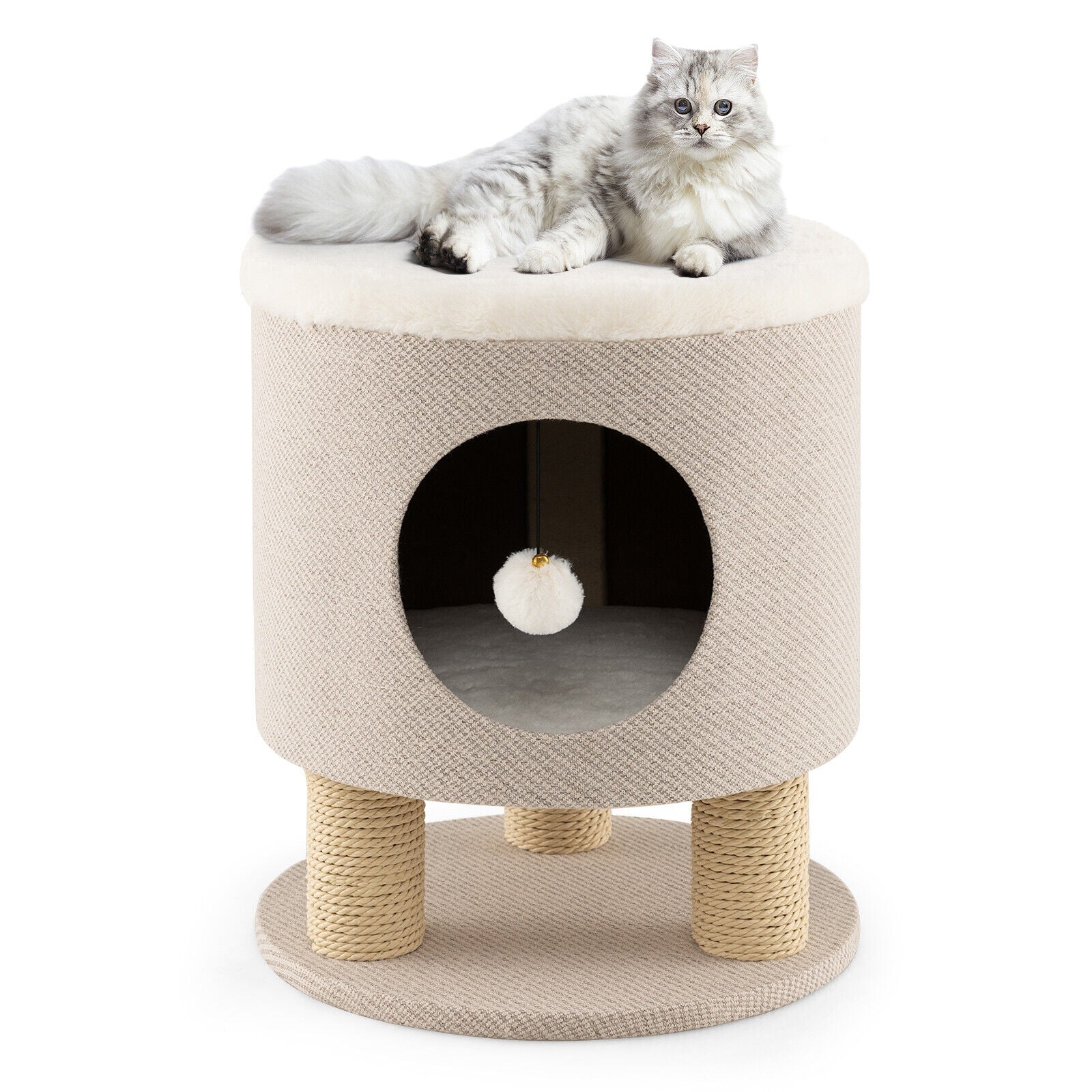 3-in-1 Cat Condo Stool Kitty Bed with Scratching Posts and Plush Ball
