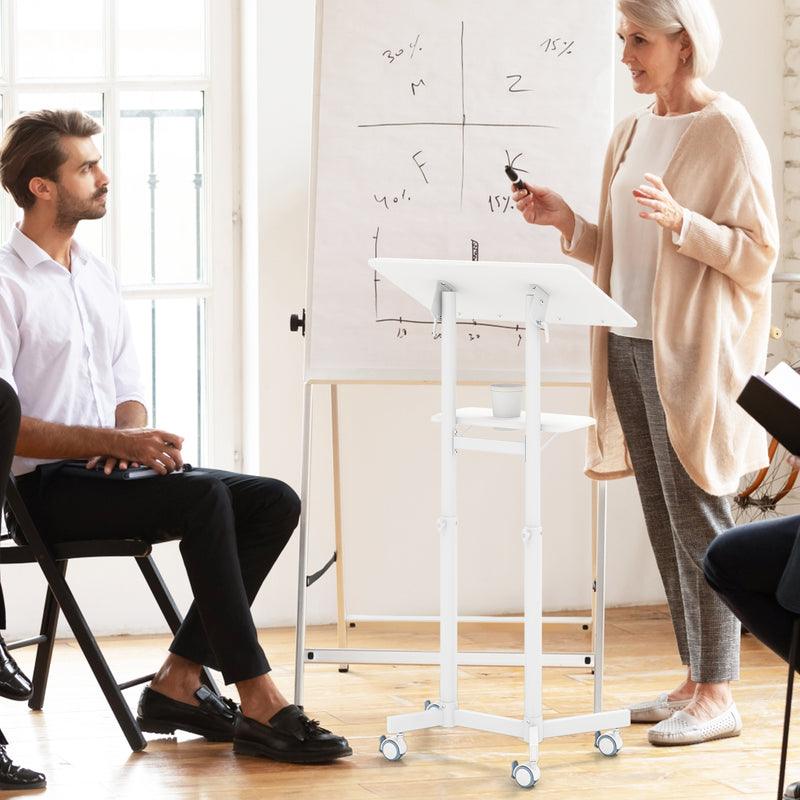 *Mobile Lectern Podium Height-adjustable Rolling Laptop Cart with Tilting Top Storage Tray - White