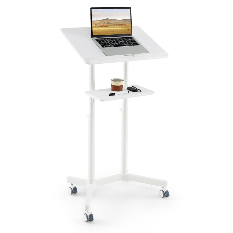 *Mobile Lectern Podium Height-adjustable Rolling Laptop Cart with Tilting Top Storage Tray - White
