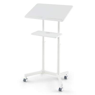 *Mobile Lectern Podium Height-adjustable Rolling Laptop Cart with Tilting Top Storage Tray - White