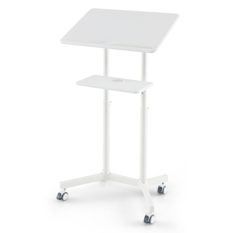 *Mobile Lectern Podium Height-adjustable Rolling Laptop Cart with Tilting Top Storage Tray - White
