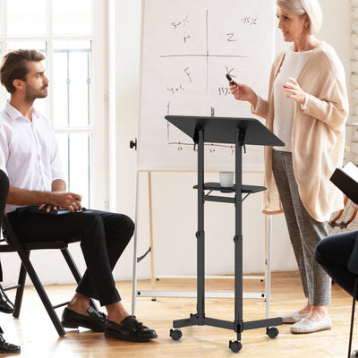 *Mobile Lectern Podium Height-adjustable Rolling Laptop Cart with Tilting Top Storage Tray - Black