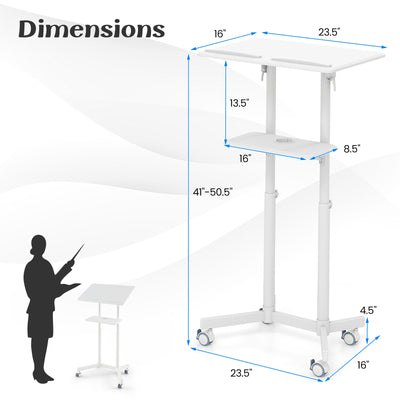 *Mobile Lectern Podium Height-adjustable Rolling Laptop Cart with Tilting Top Storage Tray - White