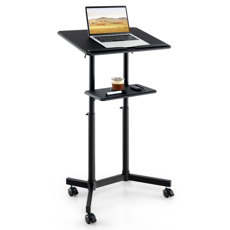 *Mobile Lectern Podium Height-adjustable Rolling Laptop Cart with Tilting Top Storage Tray - Black