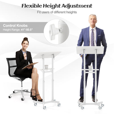 *Mobile Lectern Podium Height-adjustable Rolling Laptop Cart with Tilting Top Storage Tray - White