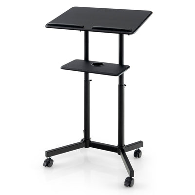 *Mobile Lectern Podium Height-adjustable Rolling Laptop Cart with Tilting Top Storage Tray - Black
