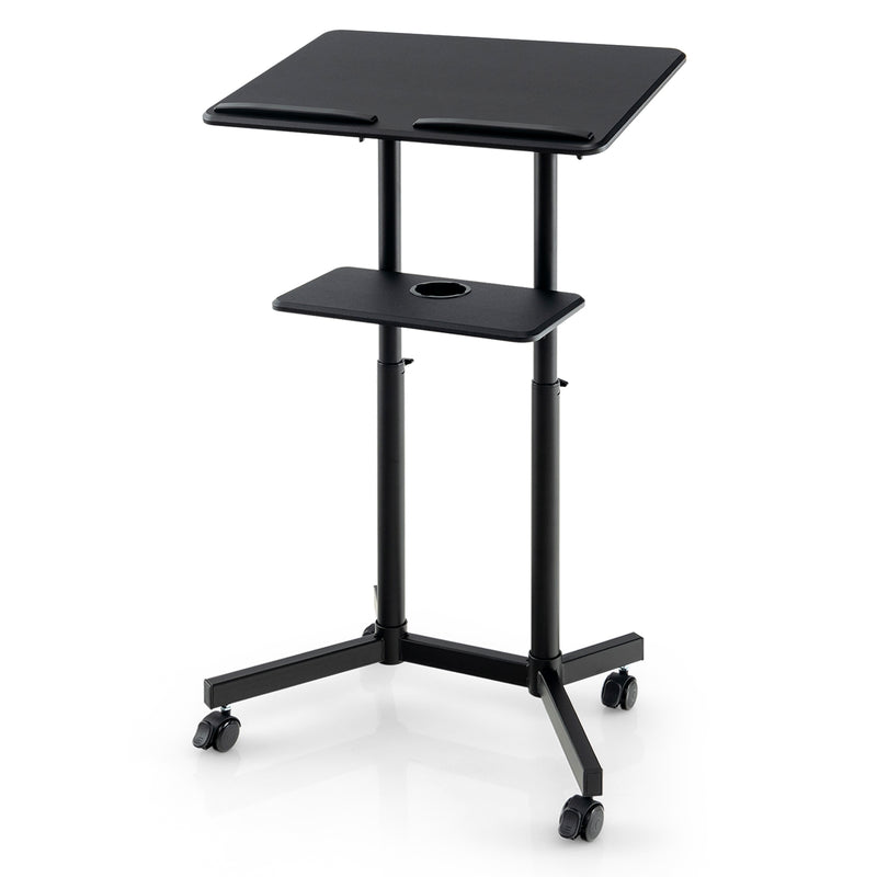 *Mobile Lectern Podium Height-adjustable Rolling Laptop Cart with Tilting Top Storage Tray - Black