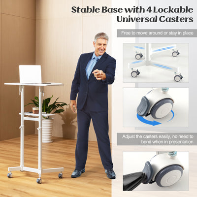 *Mobile Lectern Podium Height-adjustable Rolling Laptop Cart with Tilting Top Storage Tray - White