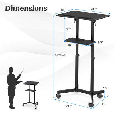 *Mobile Lectern Podium Height-adjustable Rolling Laptop Cart with Tilting Top Storage Tray - Black
