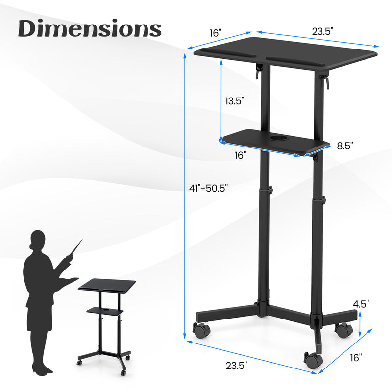 *Mobile Lectern Podium Height-adjustable Rolling Laptop Cart with Tilting Top Storage Tray - Black