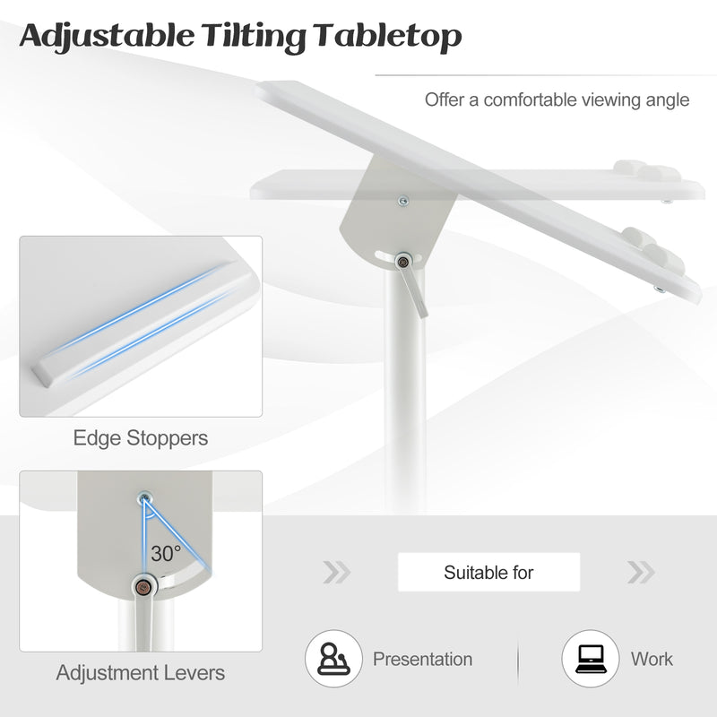 *Mobile Lectern Podium Height-adjustable Rolling Laptop Cart with Tilting Top Storage Tray - White