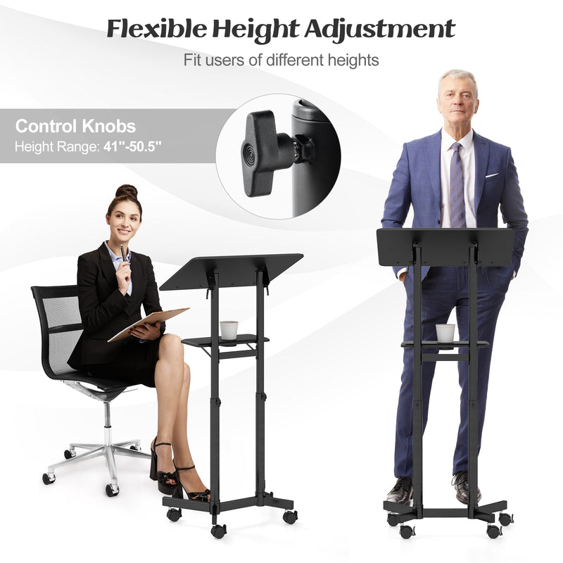 *Mobile Lectern Podium Height-adjustable Rolling Laptop Cart with Tilting Top Storage Tray - Black
