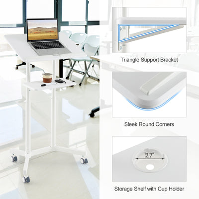 *Mobile Lectern Podium Height-adjustable Rolling Laptop Cart with Tilting Top Storage Tray - White