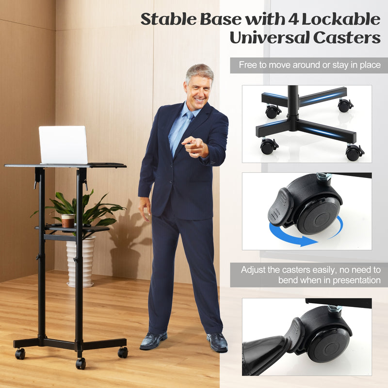 *Mobile Lectern Podium Height-adjustable Rolling Laptop Cart with Tilting Top Storage Tray - Black