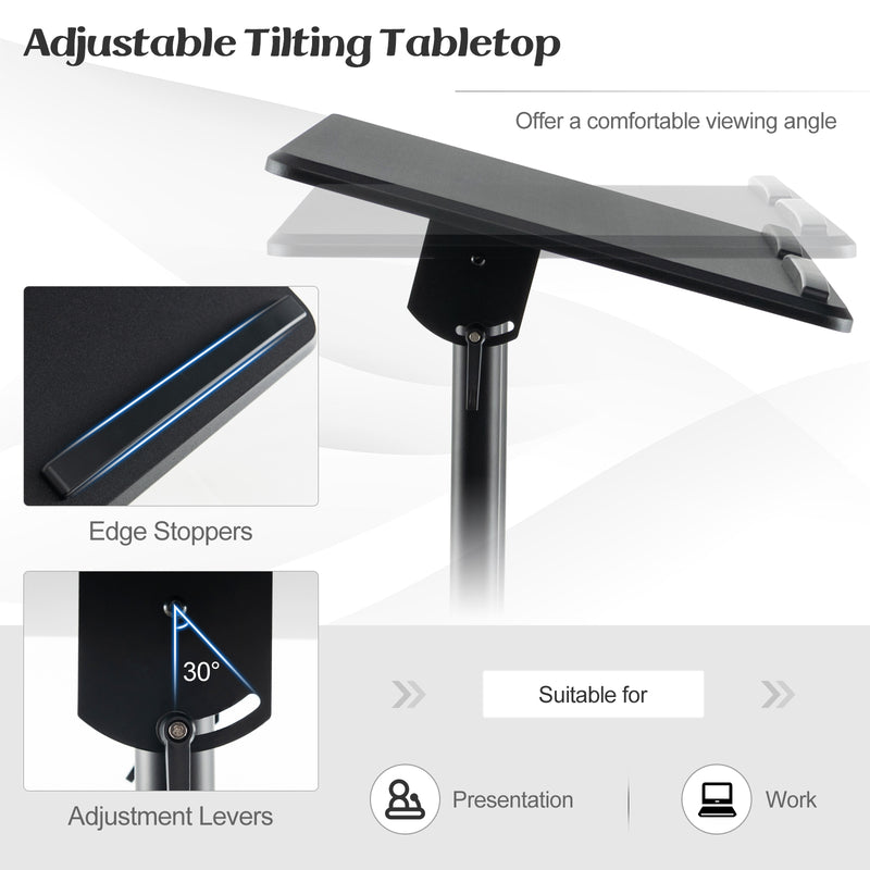 *Mobile Lectern Podium Height-adjustable Rolling Laptop Cart with Tilting Top Storage Tray - Black