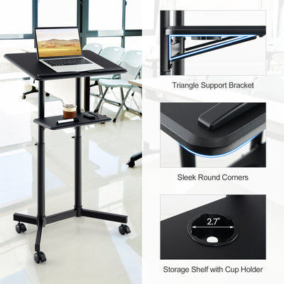 *Mobile Lectern Podium Height-adjustable Rolling Laptop Cart with Tilting Top Storage Tray - Black