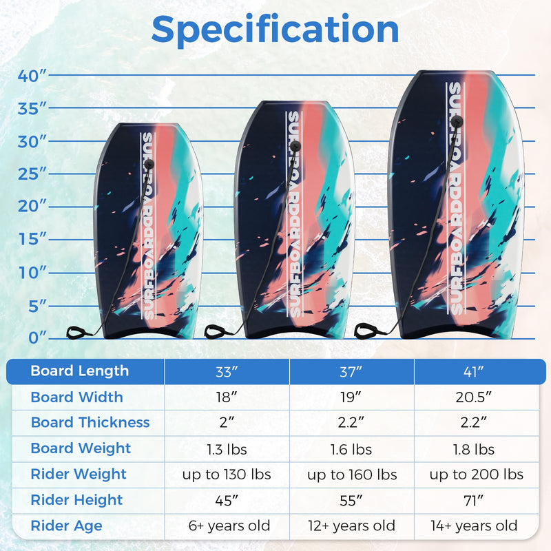 *33/37/41 Inches Lightweight Body Board Boogie Board with EPS Core XPE Deck HDPE Bottom Multicolor2 - M