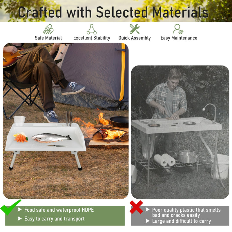 Folding Fish Fillet Table Portable Fish Cleaning and Cutting Table with Knife Slots-White