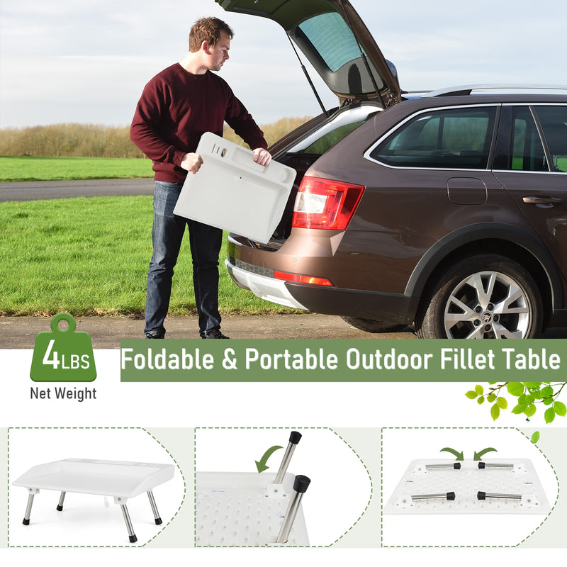 Folding Fish Fillet Table Portable Fish Cleaning and Cutting Table with Knife Slots-White