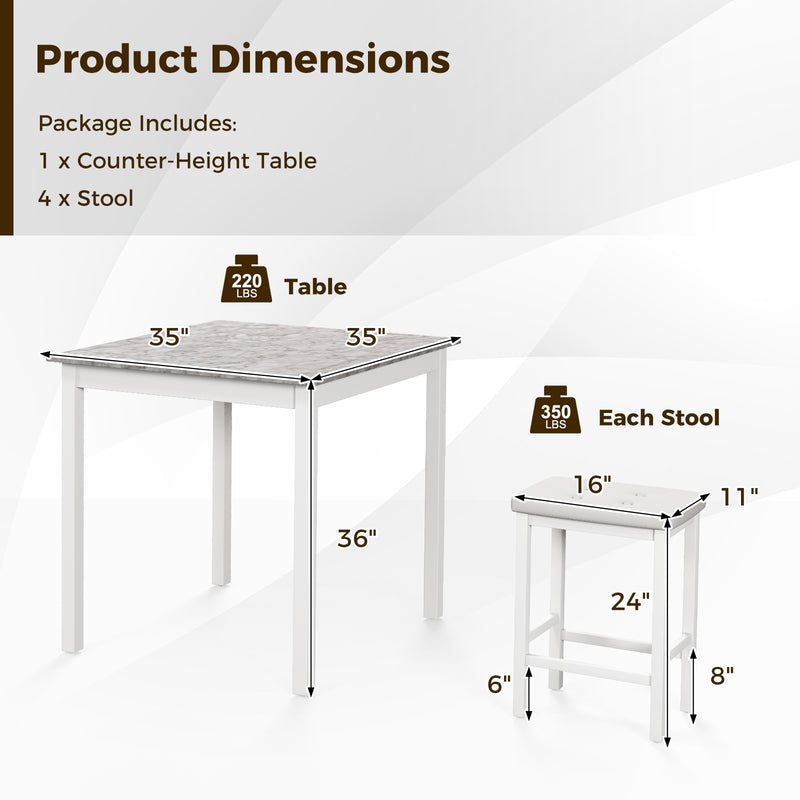 5-Piece Bar Table Set Counter-Height Dining Table and 4 Bar Stools-White